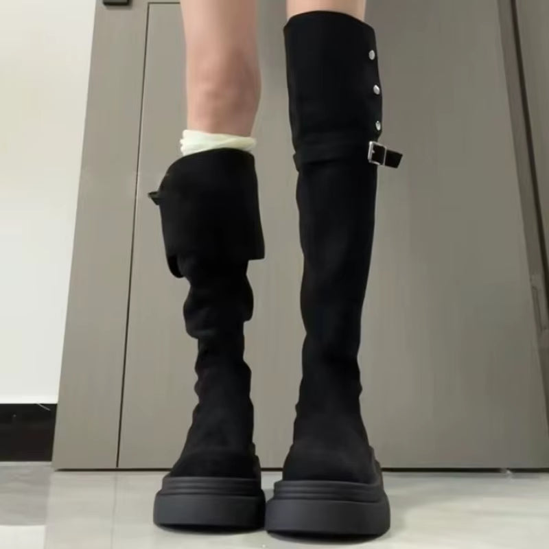 Winter Street Style Thick Heel Women over the Knee Knight Boots Fashion Fold Two Ways Wear Shoes Female Silm Thigh High Booties